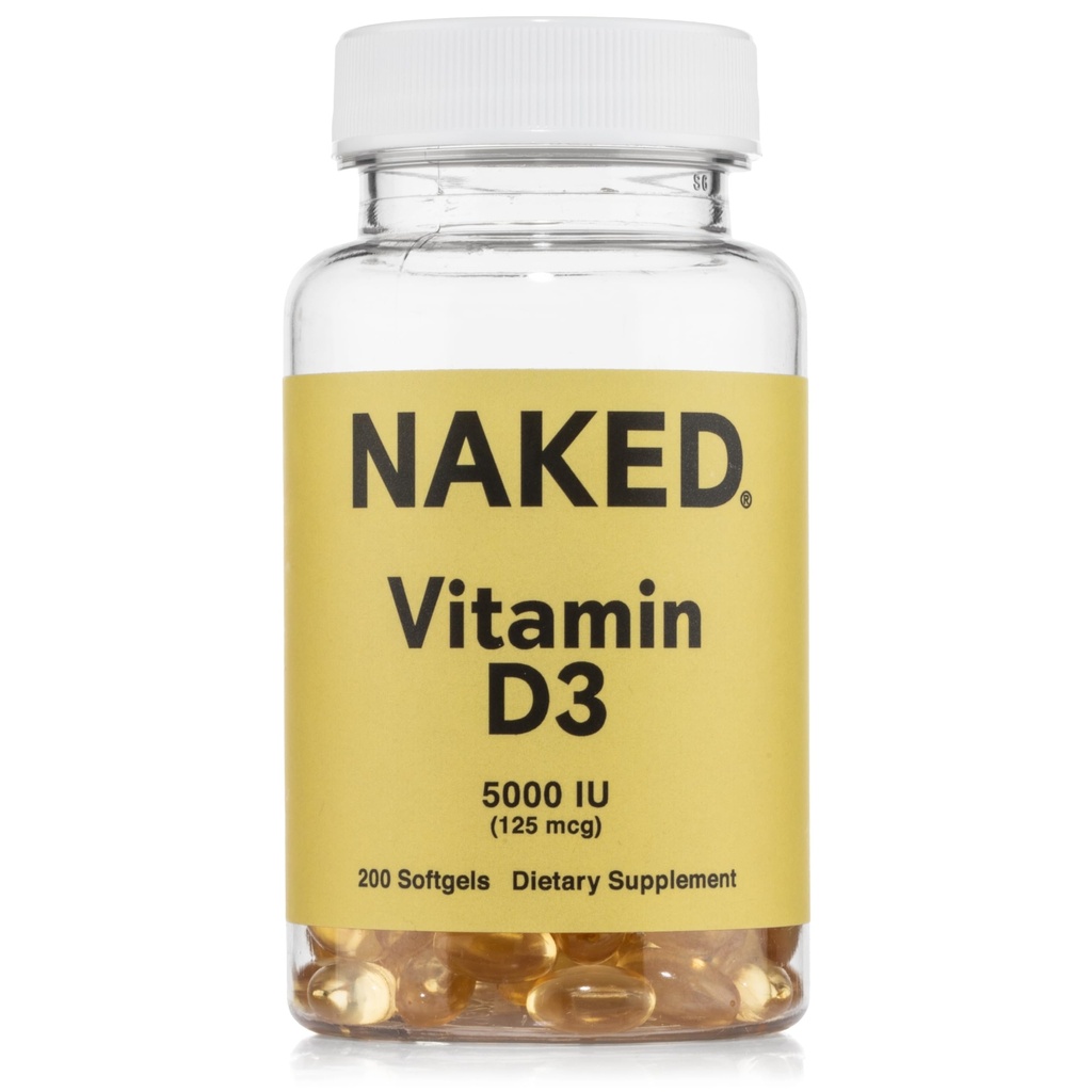 NAKED Vitamina D3 5000 UI – Suplemento de vitamina D de alta potencia para soporte inmunológico, fuerza ósea, función muscular – 200 Vitamina D Softgels