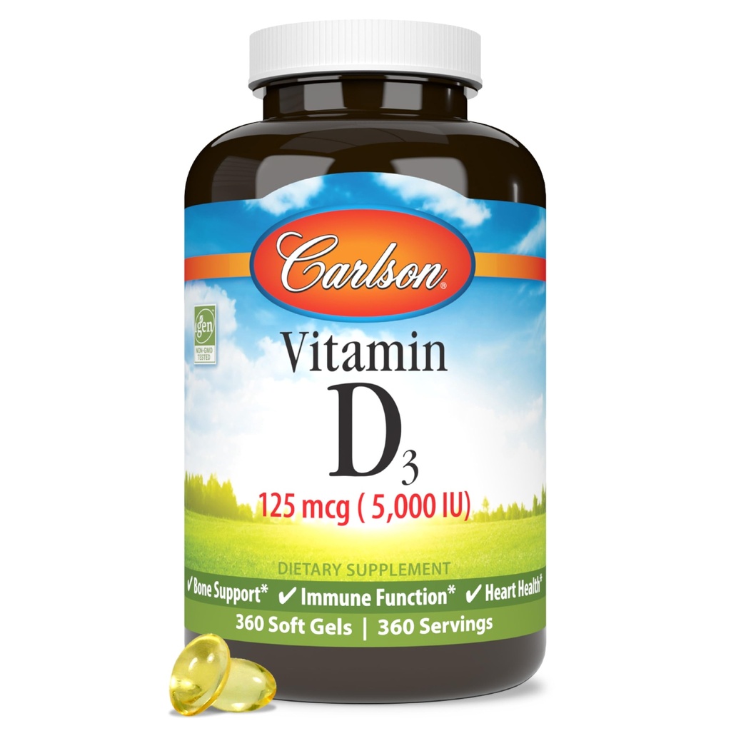 Carlson - Vitamina D3 5000 UI (125 mcg), Bone Health, Muscle Health, Cholecalciferol, Vitamina D Suplementos, Vitamina D3 Soft Gels, 360 Softgels