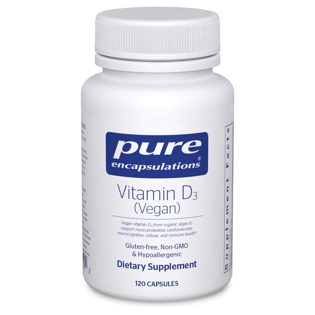 Encapsulaciones puras Vitamina D3 Vegan tención Soporte para Musculoesquelética, Cardiovascular, Neurocognitivo, Celular e Immune Health* tención 120 cápsulas