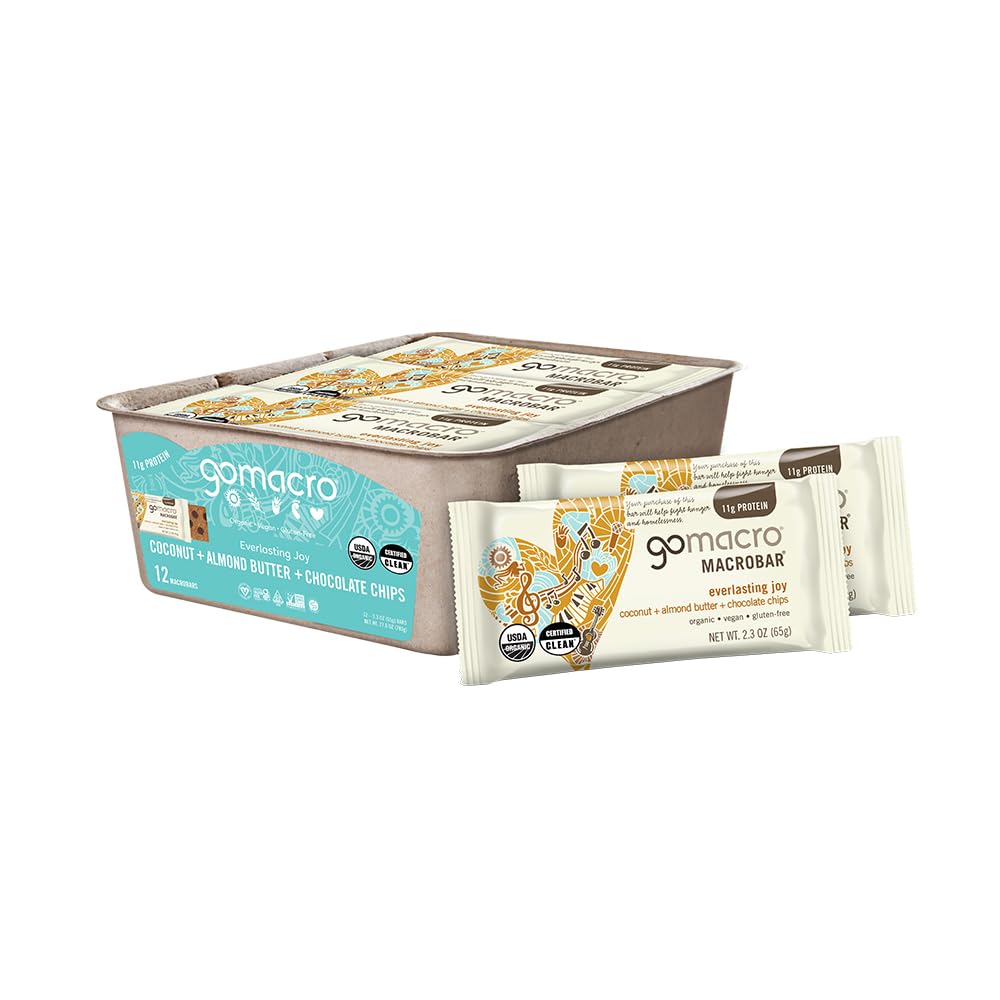 GoMacro MacroBar Proteína Vegana Orgánica Bares - Coco + mantequilla de almendra + Chips de chocolate (2.3 Bares de onza, 12 Cuentas)