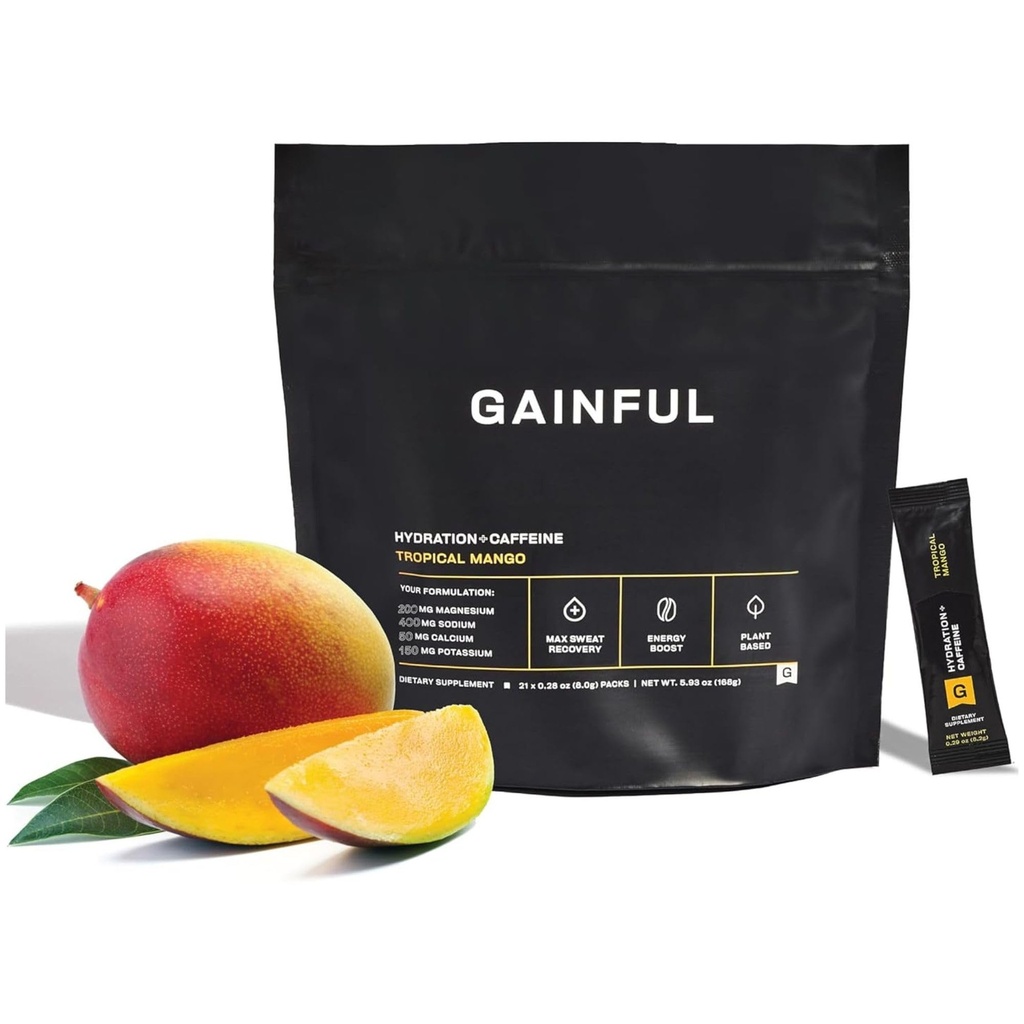 Hidratación alegre + Caffeine Powder Packets con electrolitos clave Magnesium &amp; Sodium + L Theanine, Low Sugar Drink Mix, Tropical Mango, 21 Sticks