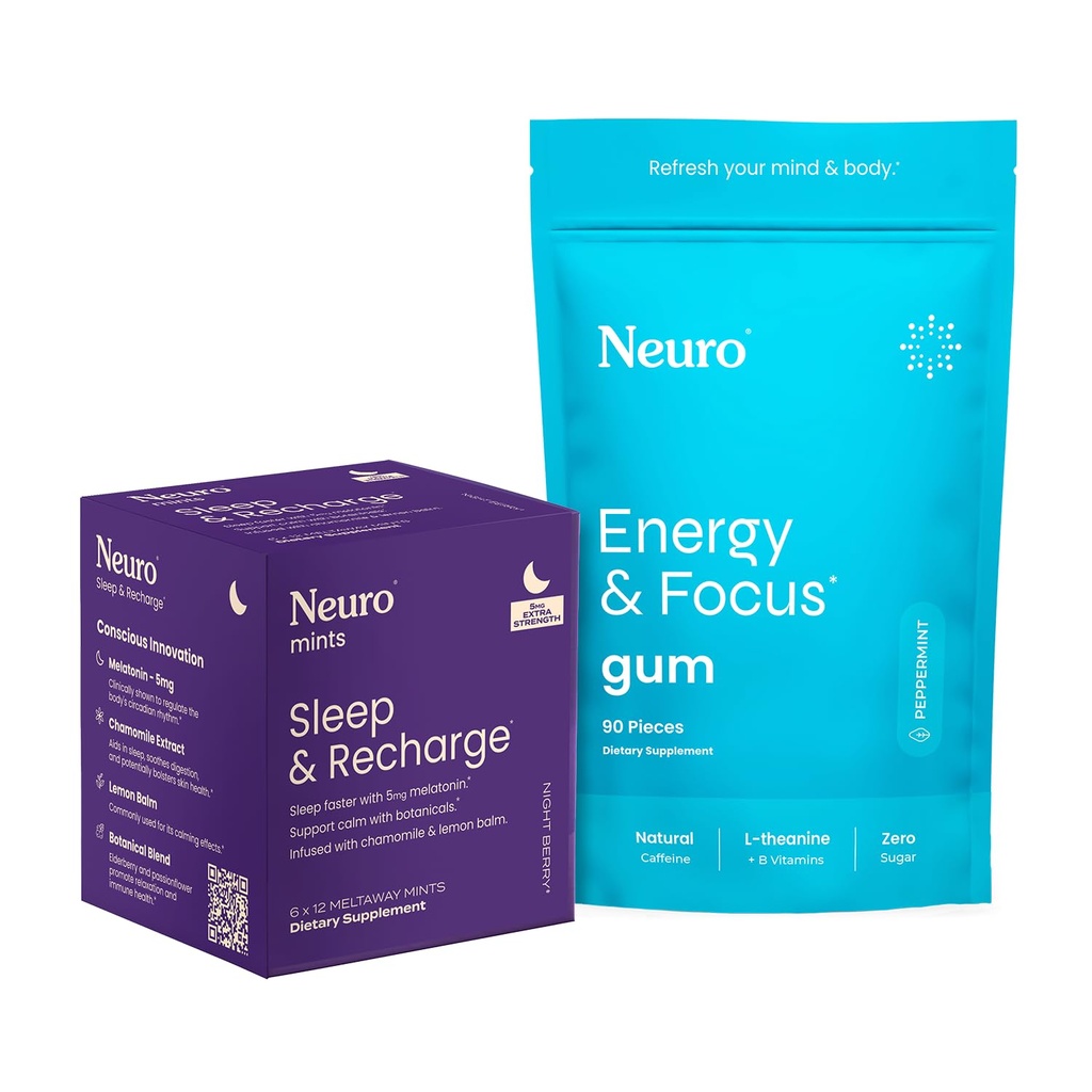 Neuro Energy &amp; Sleep Bundle – Energy & Focus Gum (Peppermint, 90 Cuenta) + Melatonin 5mg Sleep & Recharge Mints (Night Berry, 72 piezas) – Daytime Focus &amp; Nighttime Rest Support