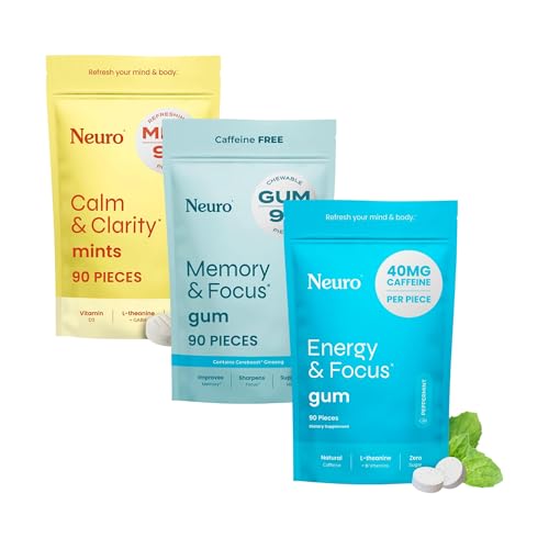 Neuro Focus " Calm Cognitive Bundle – Energy & Focus Nootropic Gum (90), Calm " Clarity Stress Support Mints (90) " Memory " Focus Nootropic Gum (90)