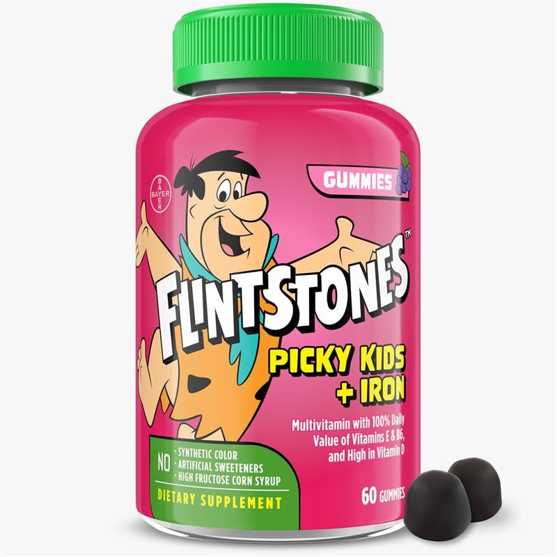 Vitaminas Flintstones para niños Picky + Hierro, Gummies multivitamínicos para niños con vitamina C, D, E, B6 e Hierro, Vitaminas Gummy, Saborada de uva, 60 Gummies