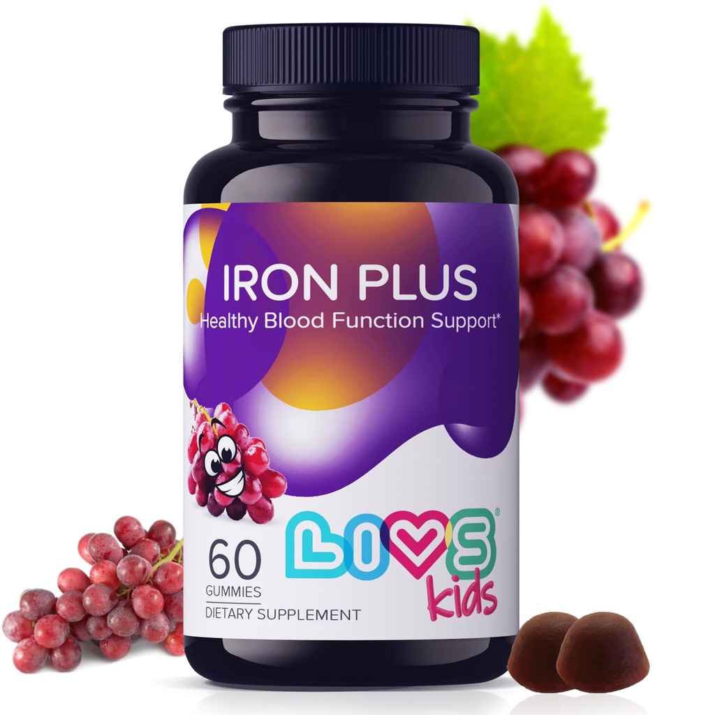 Suplemento de hierro de LIVS para niños con vitamina C, A, B3, B5, B6, B12, Biotina, Zinc &amp; Folate ← Non-GMO, Gluten Suplemento gratuito de Chewable como Gummy for Energy Boost &amp; Anemia Support - 60 Conde