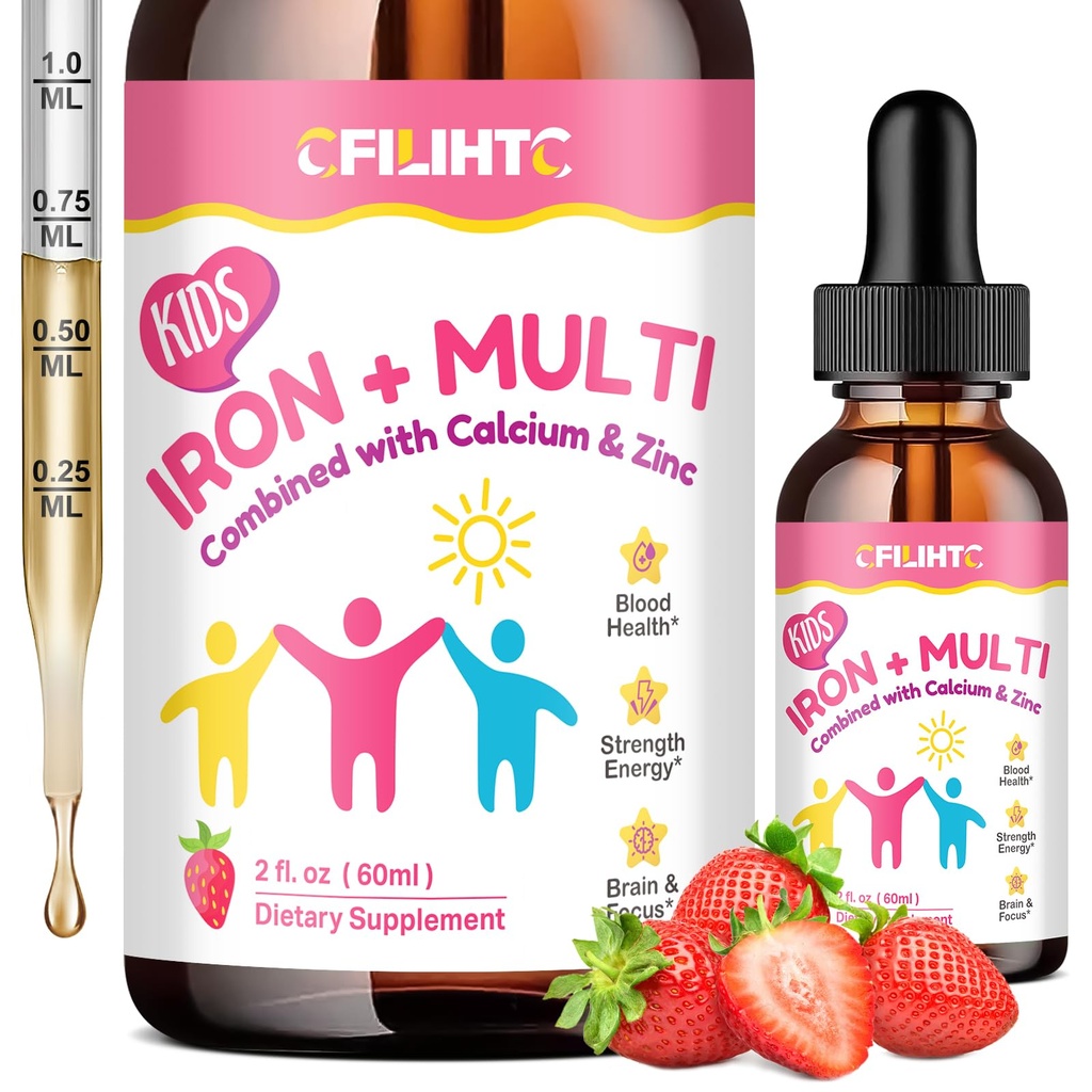 Suplemento de hierro líquido para niños, mujeres y hombres - con calcio, zinc, niños multivitamina con gotas de hierro - Immune Support, Blood Builder &amp; Energy Support for Iron Deficiency, Anemia, Vegan 2 Fl Oz