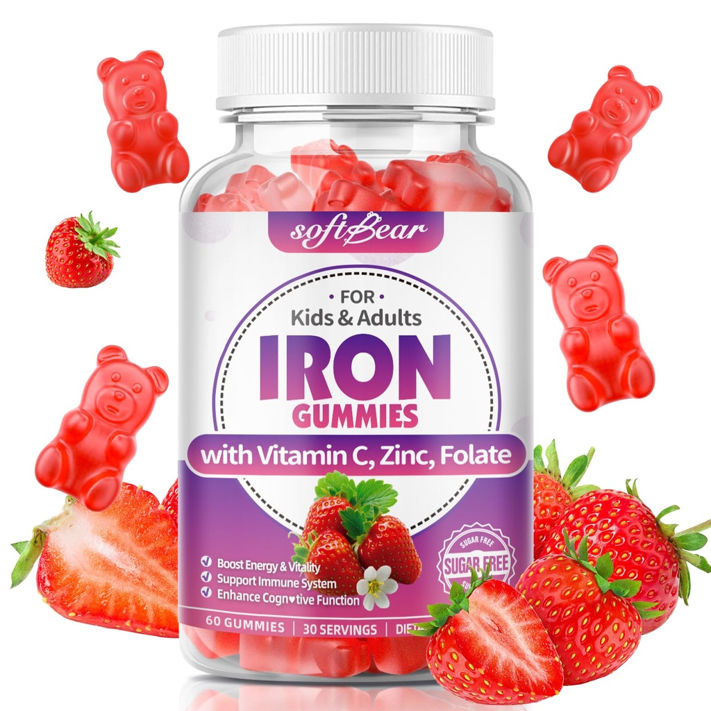 softbear Iron Gummies for Women &amp; Men &amp; Kids, Chewable Iron Supplements with Vitamin C,B3,B5,B6,B12 Supports Immune System, Energy & Vitality, Sugar-Free/Vegan, Strawberry Flavor 60 Count
