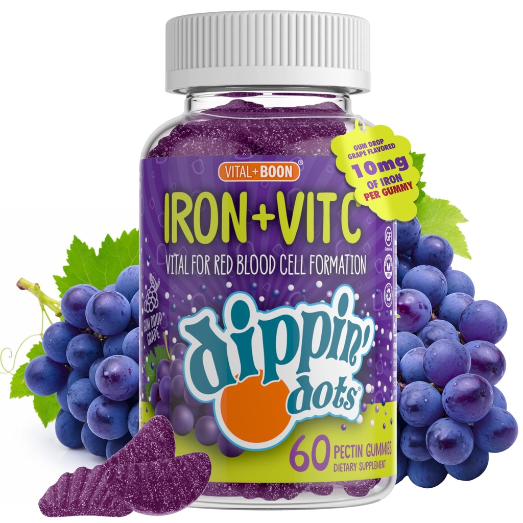 Vital+Boon - Hierro con vitamina C &amp; B12 Gummies (60 Conde) Vital para la formación de células rojas de sangre  Gum Drop Grape Real Pectin Fruit Chew Suplementos ← Vegan, Non-GMO, Gluten Free &amp; Gelatin Free