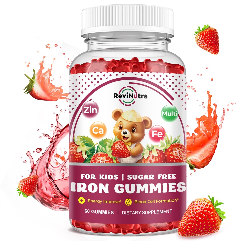 Complemento de Hierro Gummies para Niños - con Calcio, Zinc, Niños Multivitamina con Gummies de Hierro - Apoyo Inmunitario, Constructor de Sangre &amp; Apoyo Energético para la Deficiencia de Hierro, Anemia, Vegan - 60 Conde