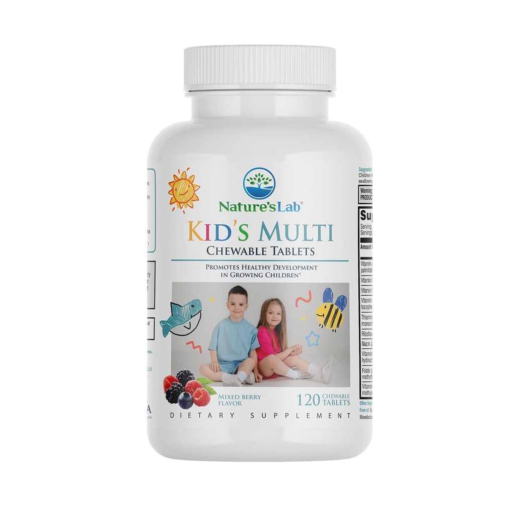 Vitaminas multicolores naturales de laboratorio de la naturaleza - Multivitamínico completo para niños con hierro, magnesio, zinc y calcio - sabor a baya mixta - 120 Tablas para edades 2+