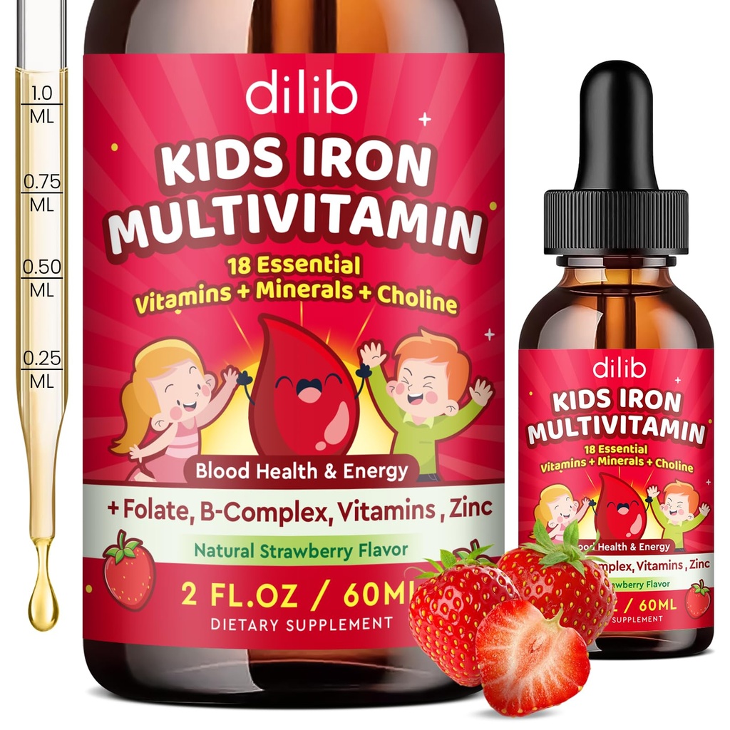 Suplemento de hierro líquido para niños, multivitamínico para niños con gotas de hierro con zinc, complejo de vitamina B, folato - Apoyo a constructor de sangre y energía, deficiencia de hierro para mujeres, hombres, frambuesa vegana 2 Fl Oz