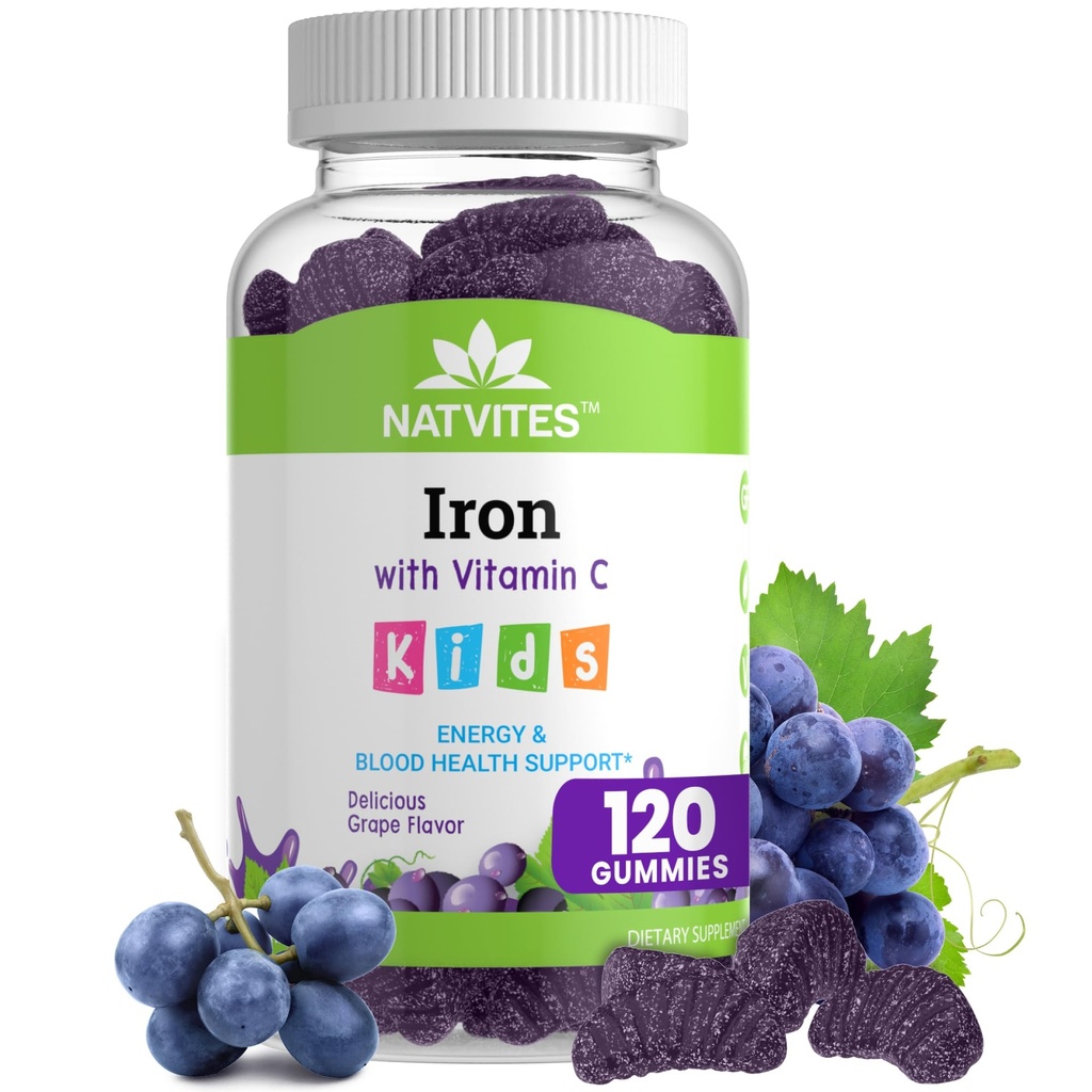 Hierro de los niños con vitamina C - Sabor Delicioso de la uva de la uva - Energía &amp; Sangre de apoyo - Gluten suplemento de hierro de los niños vegetarianos para niños y niños pequeños Edad 2+ (120 Conde)
