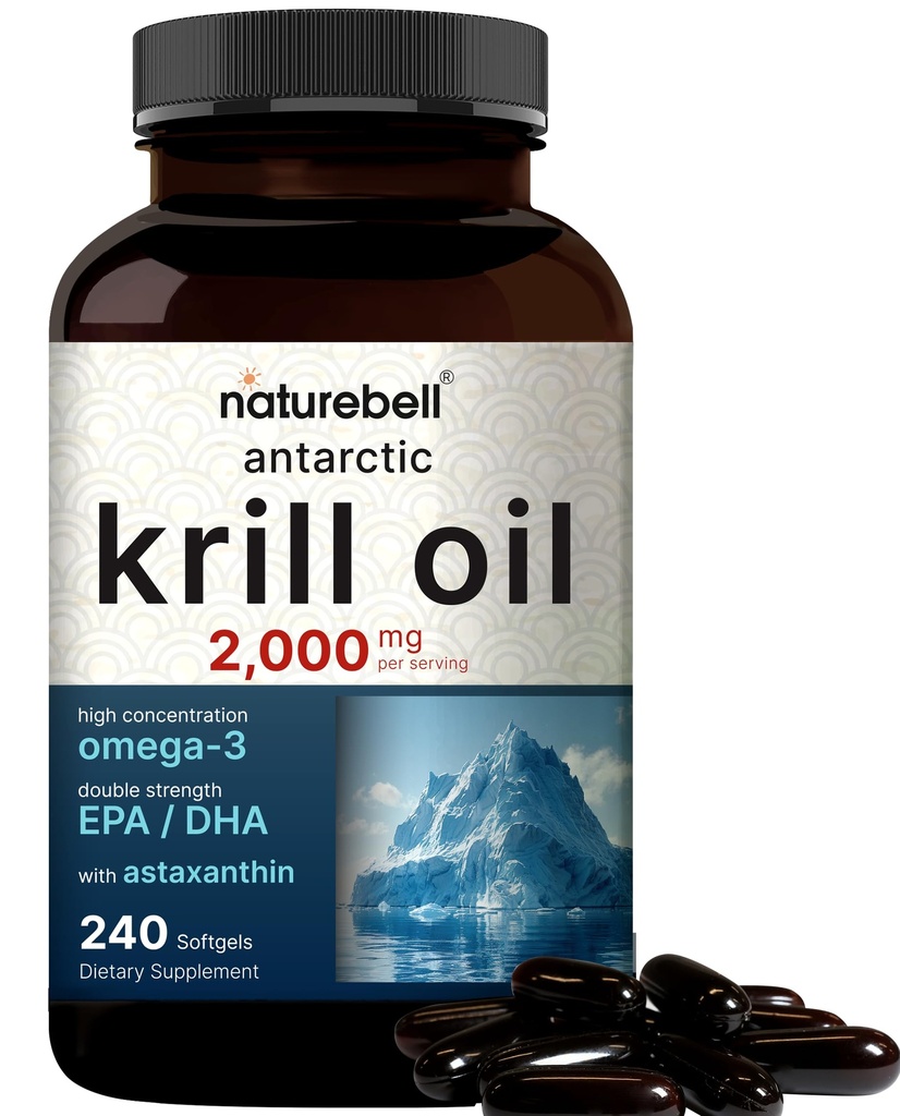 NatureBell Antártico Krill Oil 2000mg Suplemento, 240 Softgels, 3X Strength Fuente Natural de Omega-3, EPA 240mg + DHA 160mg + Astaxanthin 800mcg – No Fishy Aftertaste – Mercurio Libre &amp; No GMO