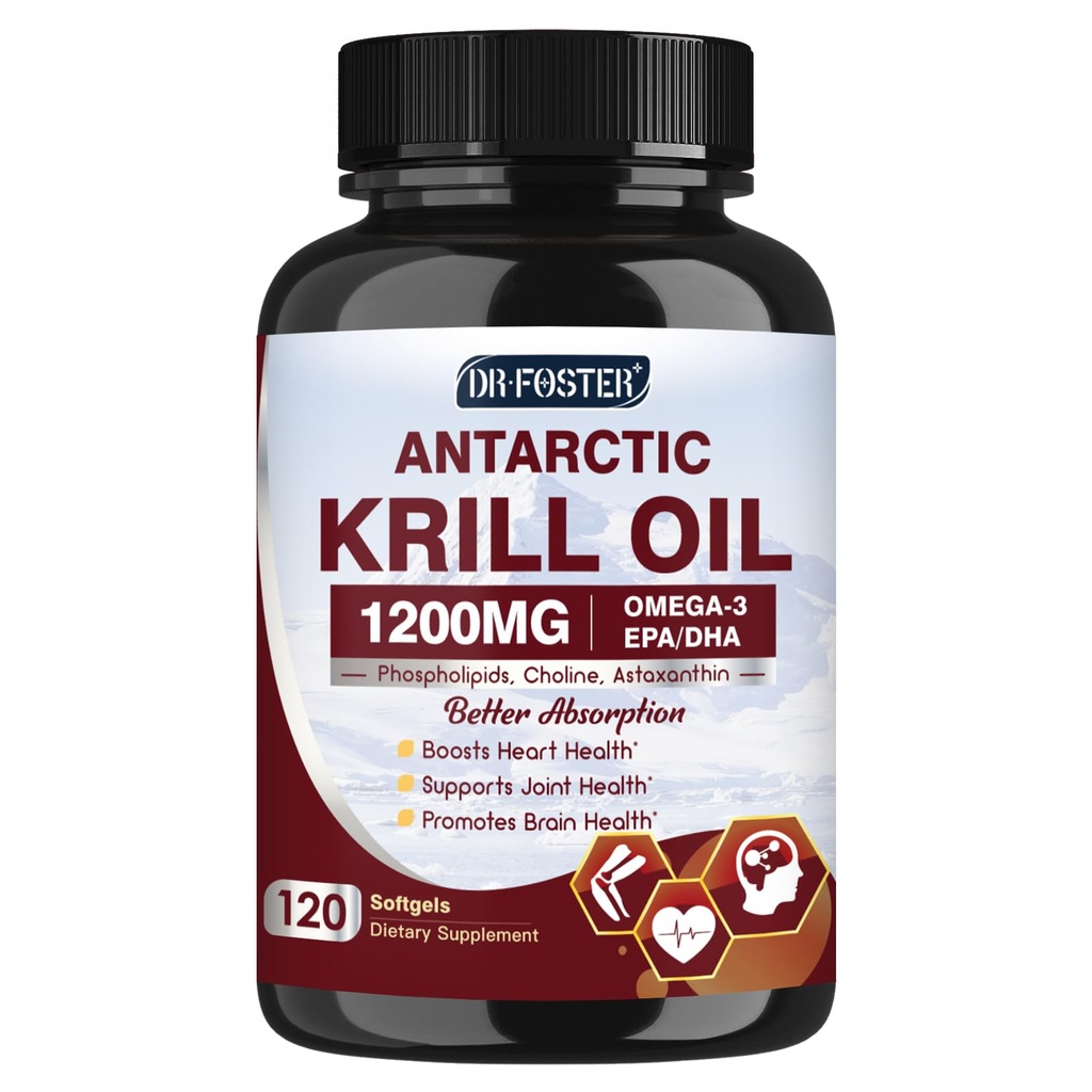 Krill Oil 1200mg, Antártico Krill Oil Omega 3 Suplemento con EPA, DHA,Astaxanthin " Phospholipids for Heart " Brain " Joint Health, No Fishy Aftertaste,120 Softgels (60 Servings)