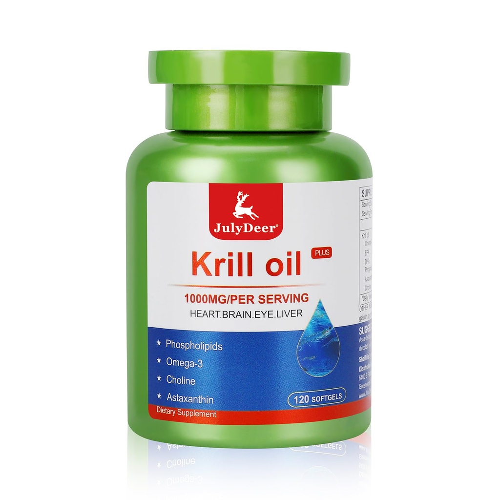 JulioDeer Krill Oil 1000 mg con Omega-3s EPA, DHA, Astaxanthin y Phospholipids 120 Softgels Suplemento, Antártico Krill No Fishy Aftertaste for Joint, Heart, Brain and Immunity