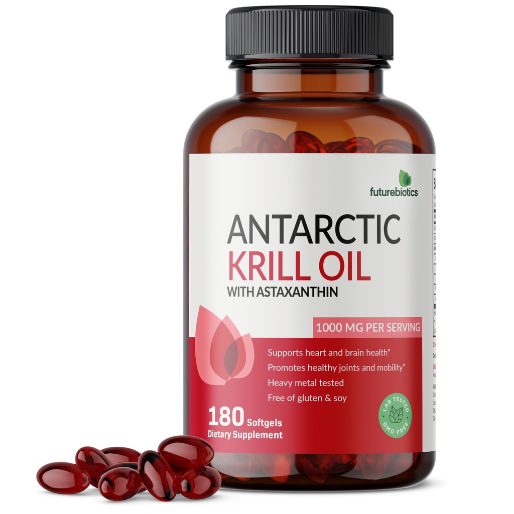 Futurobióticos Aceite de Krill Antártico 1000mg con Omega-3 EPA, DHA, Astaxanthin y fosfolípidos - 100% Aceite de Krill Premium puro de metal pesado, no GMO – 180 Softgels (90 Servings)