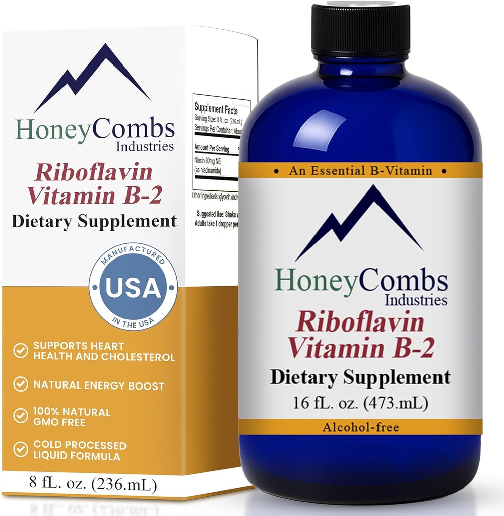 HoneyCombs Vitamina B2 Riboflavin Suplemento Liquid Drops - High Potency Vitamin B2 for Men & Women - Maintain Healthy Digestion, Nervous System, Hair, Skin, Nails - Vegan Liquid Vitamins (16 Fl oz)