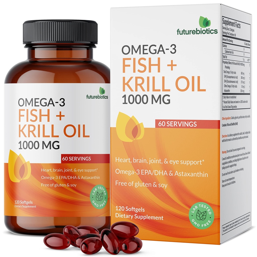 Futurebiotics Omega-3 Fish + Krill Oil 1000 MG Omega-3 EPA/DHA &amp; Astaxanthin - Non-GMO, 120 Softgels (60 Servings)