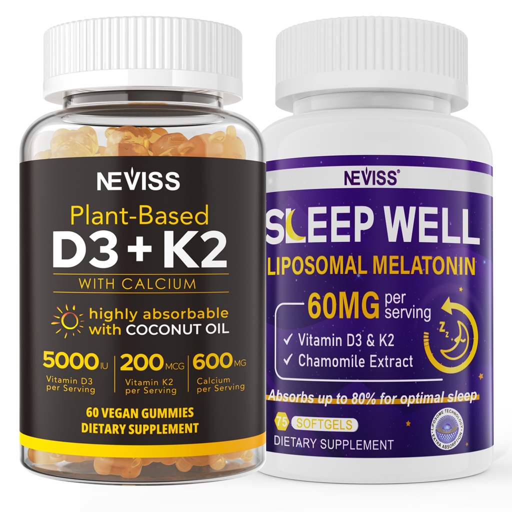NEVISS Vitamina D3K2 5000IU Gummies + Melatonina 60mg para adultos