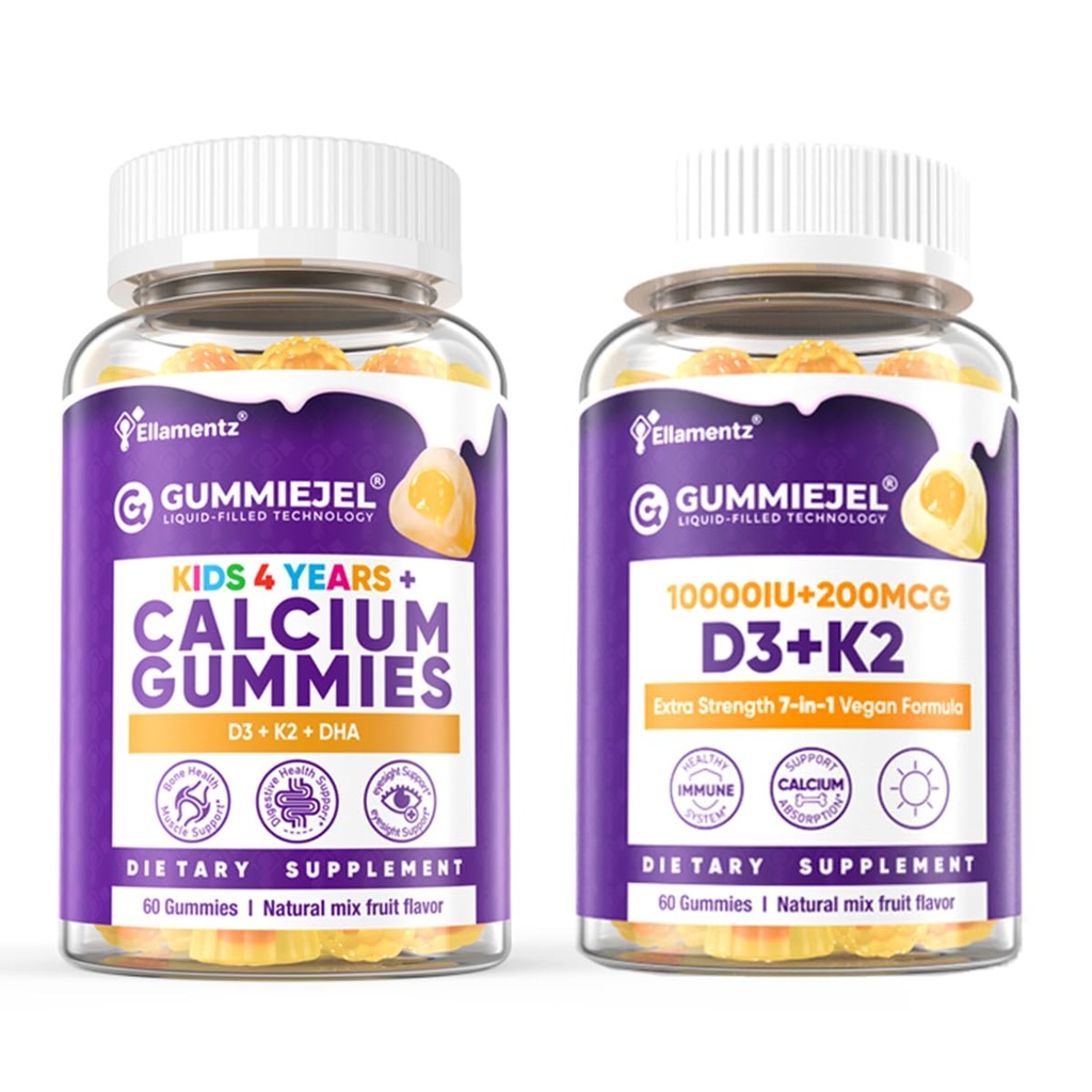 1 Pack Kids Calcium Gummies + 1 Pack D3 K2 Gummies Vitamina D3 10000 UI + K2 (MK7) 120mcg