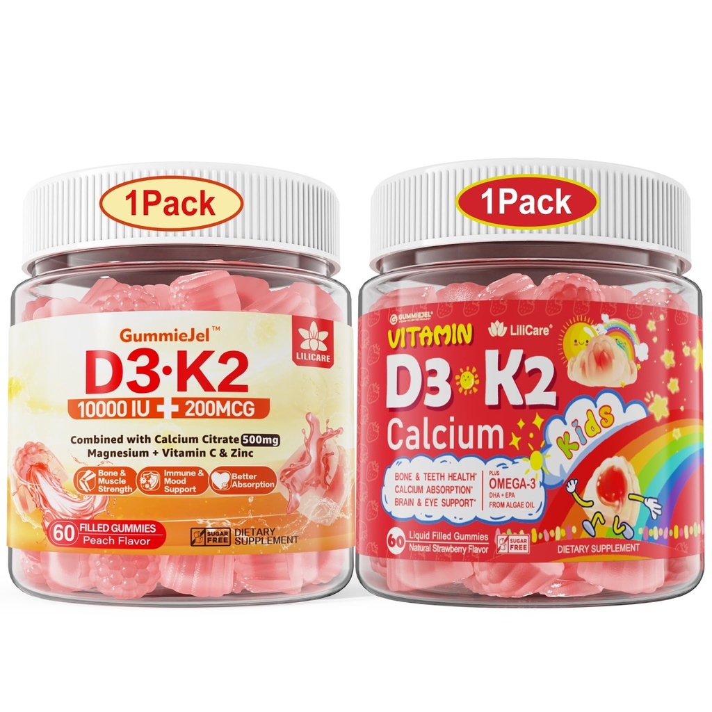LILICARE Bundle Vitamina D3K2 Gummies para niños &amp; D3K2 Gummies para adultos