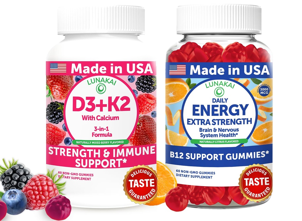 Lunakai USA Made D3+K2 with Calcium & Energy B12 Gummies Bundle – Vegan, Non-GMO – 60 Gummies Cada uno