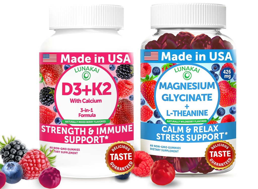 Lunakai USA Made D3+K2 with Calcium &amp; Magnesium Glycinate + L-Theanine Gummies Bundle – 60 Gummies no transgénicos