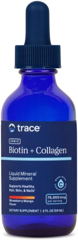 Trace Minerals Ionic Biotin Plus Collagen - Suplemento de alta potencia Apoyos Crecimiento del cabello saludable & Esquí - Biotina & colágeno Suplemento Ayudas Juntas sanas & fuertes - Mango de fresa, 2 fl oz