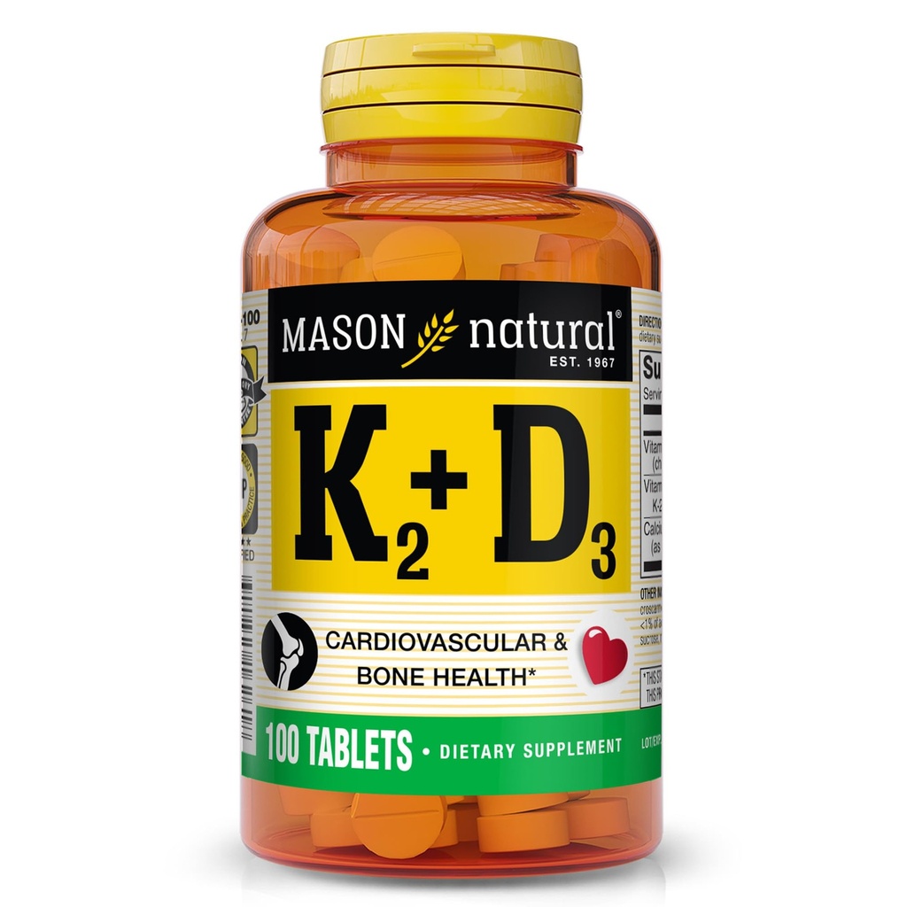 MASON NATURAL Vitamina K2 + D3, 100,Day Supply, con Calcio para Soporte Normal de Hueso y Musculo, Tabletas