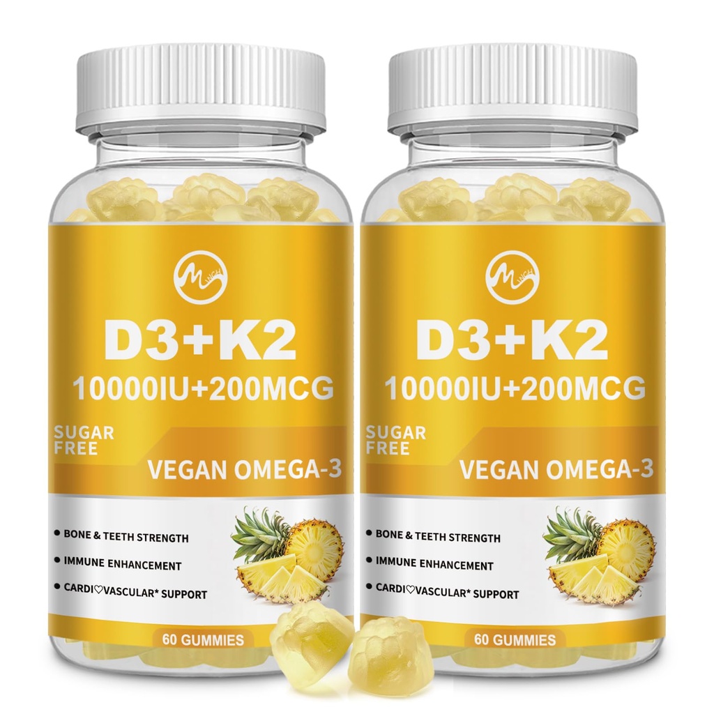 M pulgada Vitamina D3 K2 Gummies, Vitamina D3 10000IU, K2 (MK-7) 200mcg, 6-in-1 Vitamina D3 con K2 Suplemento con Omega-3 para Mujeres y Hombres - Huesos, Dientes &amp; Apoyo Inmunitario, Azúcar Gratis, 2 Pack