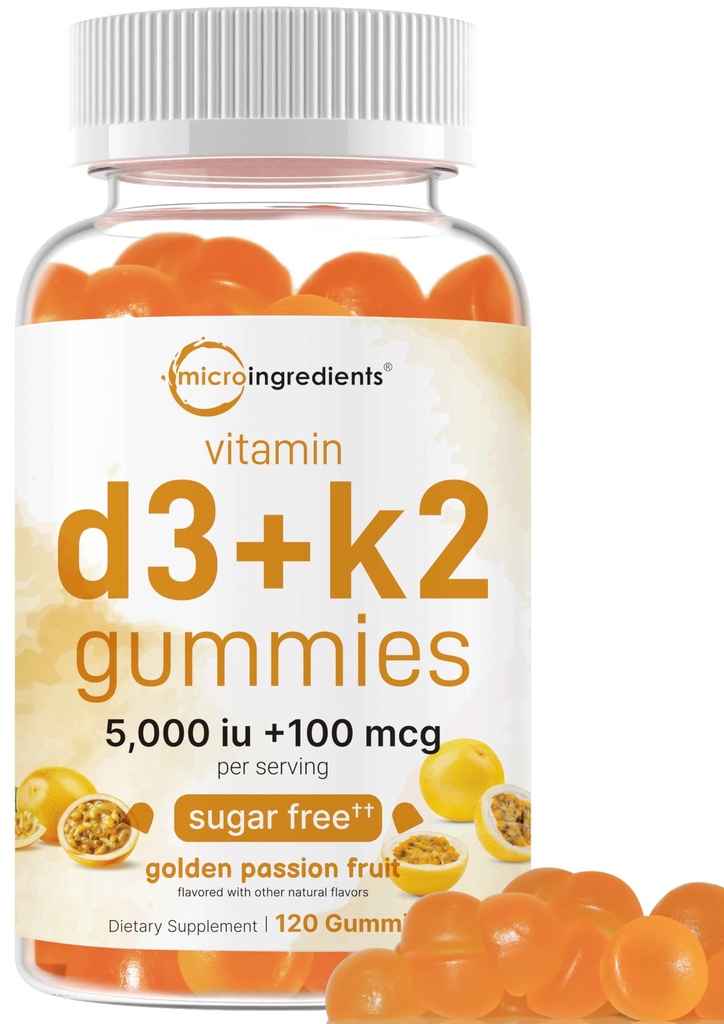 Micro Ingredientes Vitamina D3 K2 Gummies, 120 Conteo Silencioso 5,000 UI Vitamina D + 100 mcg K2 MK-7 ← Bone, Inmune &amp; Heart Health Suplementos* ← Sugar Free Golden Passion Fruit Flavor ← Non-GMO, Gluten Free