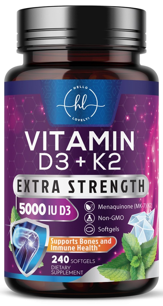 Vitamina D con K2 (MK-7) - Vitamina D3 5000IU (125mcg) Por Servir - D3K2 Suplemento Complejo para Hueso, Dientes, Musculo, Absorción de Calcio, Apoyo Inmune &amp; Salud del Corazón - Botellado en EE.UU. - 240 Softgels