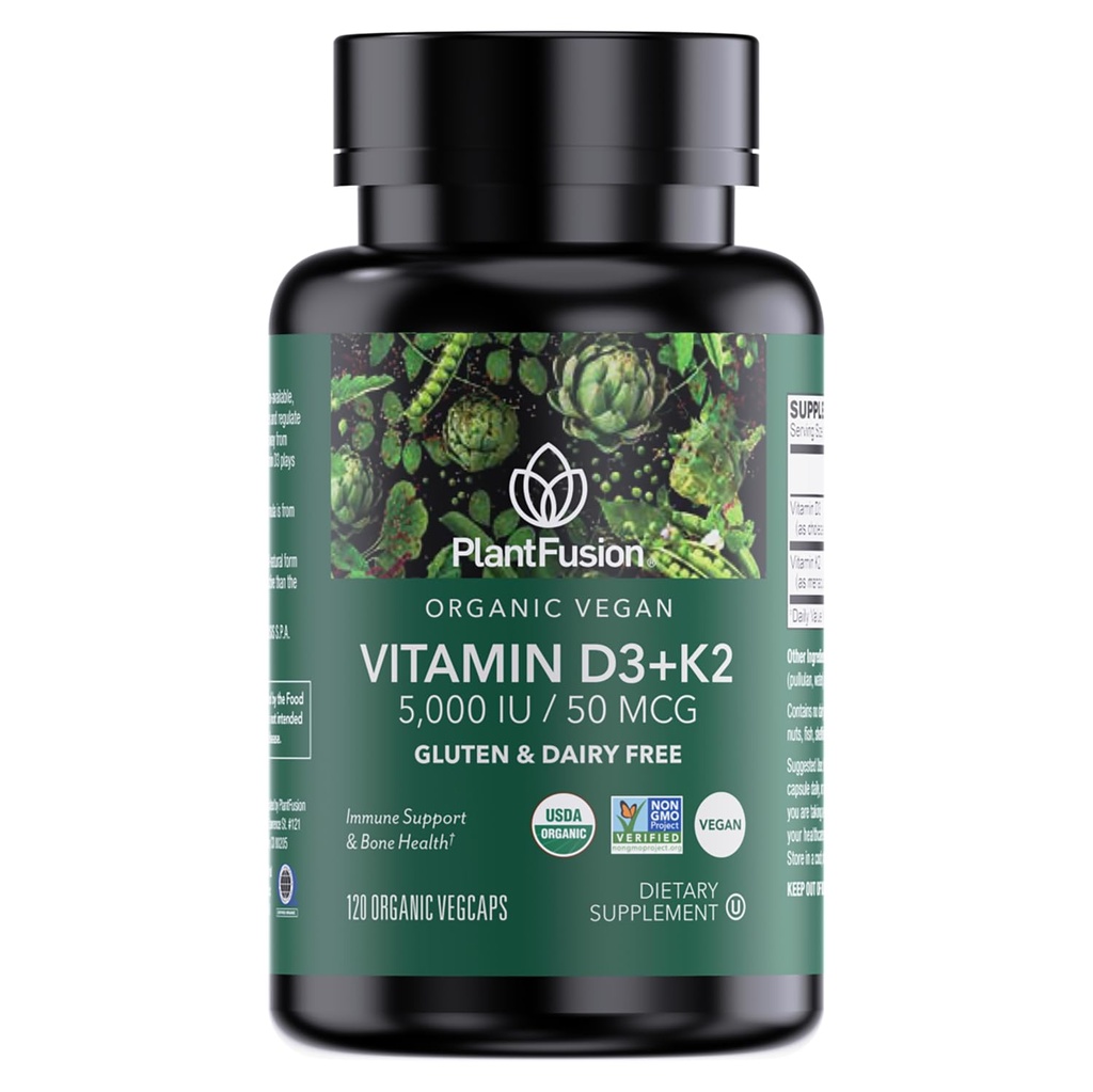 PlantFusion Organic Vegan Vitamina D3 + K2 5,000 UI, 50MCG – Vitamina D proveniente de Lichen y Vitamina K2, para Immune Support y Bone Health - 120 Capsules