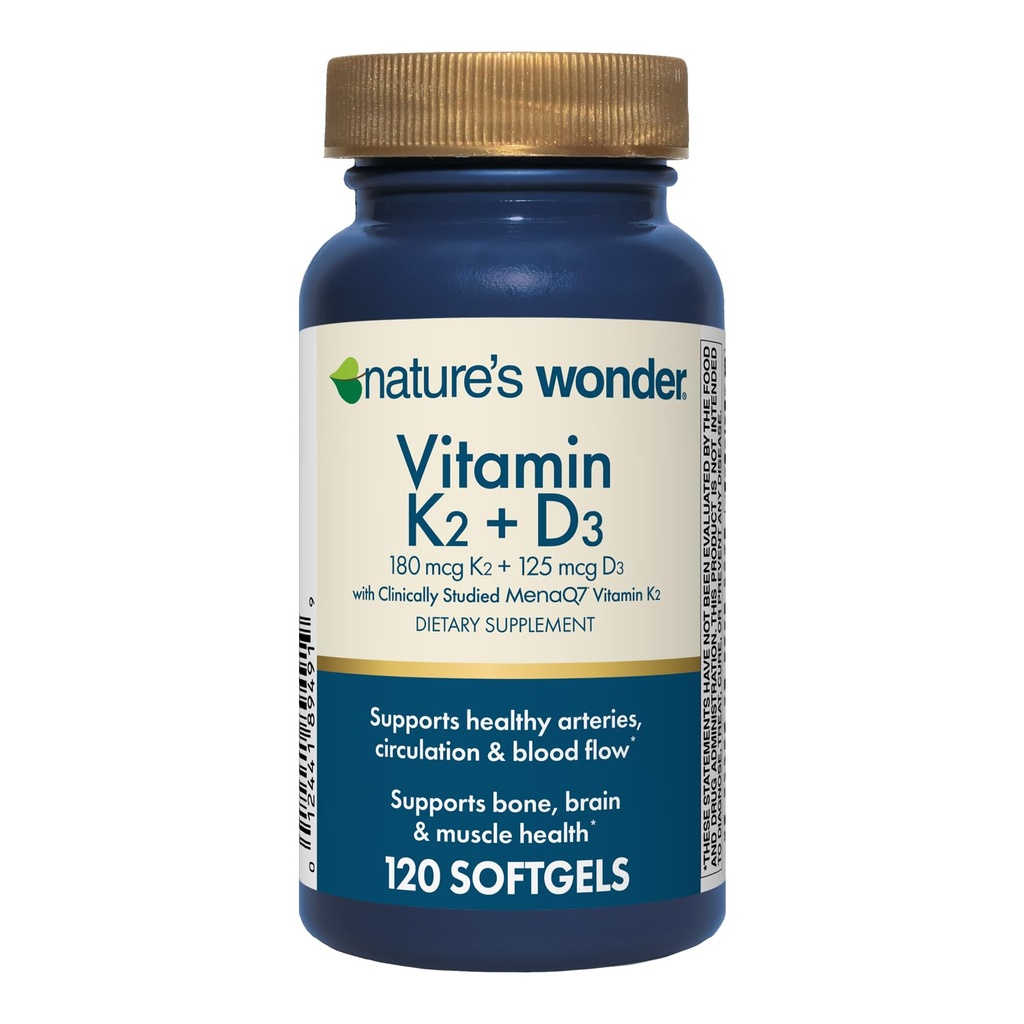Wonder Vitamina K2 + D3 con MenaQ7 para la salud cardiovascular, cerebral, ósea y muscular, 120 Softgels, 120 Day Supply
