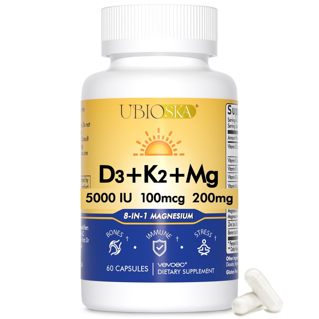 UBIOSKA Vitamina D3 K2 Suplemento Magnesio – 5000 UI D3 + MK-7 K2 con 8-Form Magnesio (Glycinate, Taurate, Malate) para el sueño calmado, alivio de estrés, equilibrio de humor &amp; huesos fuertes – 60 cápsulas