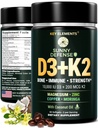 KEY ELEMENTOS D3 K2 Vitamina 10.000 UI con Magnesium Glycinate 350mg, Zinc y Moringa - Bone &amp; Immune Support - Vitamina D con K2 MK-7 200mcg - Non-GMO, Softgels sin gluten