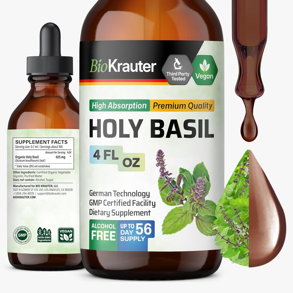 BIO KRAUTER Santo Basilio Tintura - Extracto líquido de tulsi Powder - Soporta la calma y la relajación - Suplemento ácido ursólico - Alcohol y azúcar Extracto de la tierra libre - gotas vegas 4 Fl.Oz.