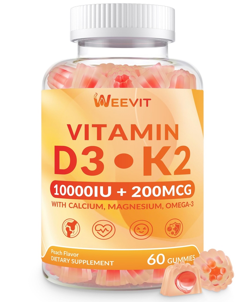 WEEVIT Vitamina D3 K2 Gummies, Sugar Vitamina Gratuita D3 K2 w/Calcium, Magnesio, Omega-3, Vitamina C,B12, K2 D3 Suplemento
