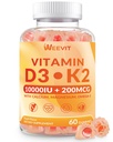 WEEVIT Vitamina D3 K2 Gummies, Sugar Vitamina Gratuita D3 K2 w/Calcium, Magnesio, Omega-3, Vitamina C,B12, K2 D3 Suplemento