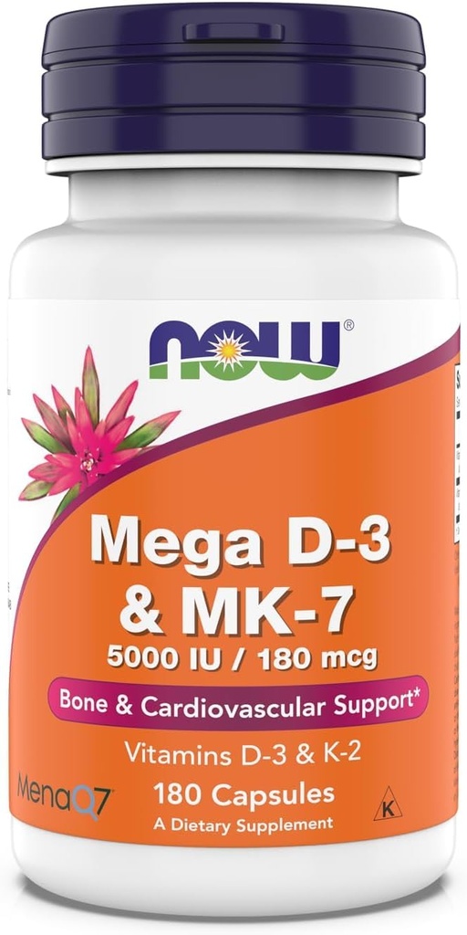 Ahora Suplementos, Mega D-3 " MK-7, 5000 UI / 180 mcg, Bone " Cardiovascular Support*, Vitaminas K-3 " K-2, 180 cápsulas