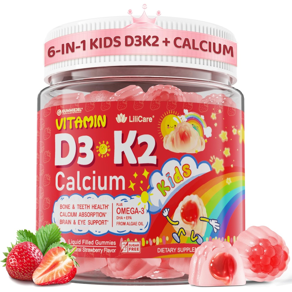 Vitamina D3 K2 + Calcio Gummies llenas de líquido para niños &amp; adolescentes, 1000IU / 2000IU D3 con Magnesio, Algal Omega 3, Vitaminas para niños para huesos " , Absorción de calcio, Cerebro, Inmune, Libre de azúcar, 60Cts