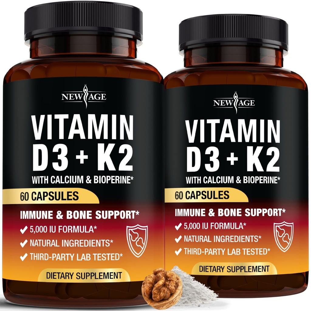 NUEVO AGE Vitamina D3 5.000 UI + K2 MK-7 100 mcg - 2-en-1 Hueso, Immune & Heart Support, Fácil de Tragar, No GMO - 120 cápsulas