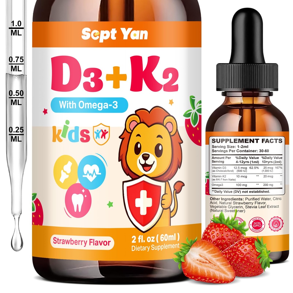 Niños Vitamina D3 K2 gotas - K2 D3 Suplemento de vitamina 1000 UI con Omega 3, Bono de soporte, Mood, dientes &amp; inmuno - Vitamina D3 K2 (MK-7) Líquidas para adultos &amp; niños, sabor de fresa gratis de azúcar 2 FL OZ