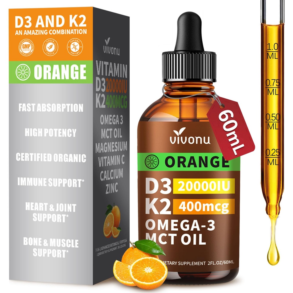 Vitamina D3 K2 gotas, D3 20000 UI & K2 como MK-7 400mcg con Magnesio, Calcio, Zinc &amp; Omega 3 para inmuno*, Mood*, Bone* Health, Orange Flavor Vitamin D Liquid Drops Suplemento 1 Bottle/2 onzas