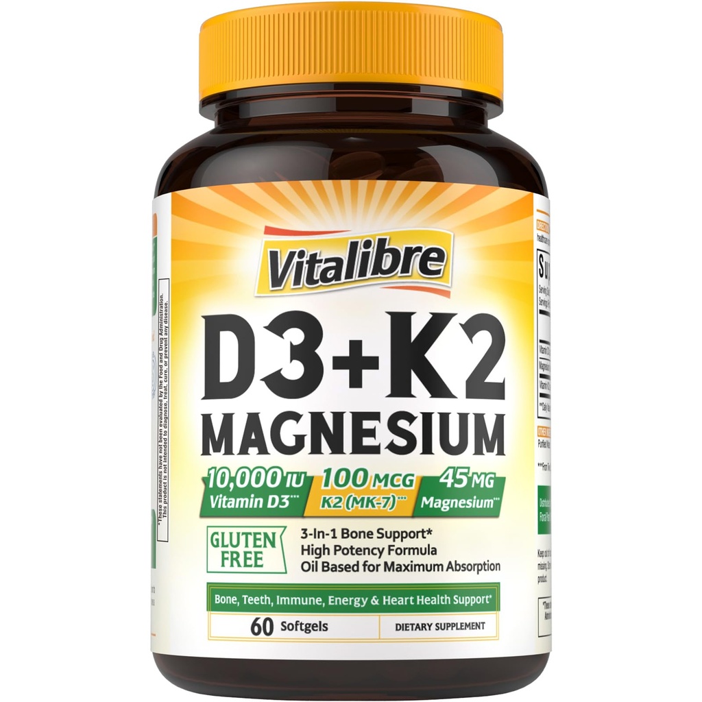 Vitalibre Vitamina D3 K2 + Suplemento Magnesio, 10000 UI Vitamina D3 &amp; 100 mcg K2, con Magnesium Glycinate, Bone, Tientes, Immune & Energy Support, High Absorption, Non-GMO, Easy to Swallow, 60 Softgels