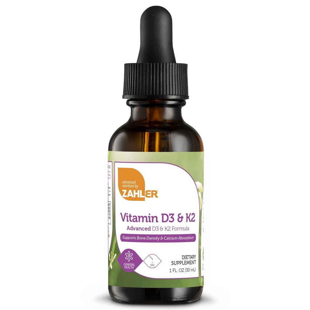 Zahler Vitamina D3 K2 gotas, Líquido D3 con K2, 1000IU de vitamina D y 1000mcg de K2 por Servo, soporta la densidad de hueso y la absorción de calcio, 1Fl Oz.