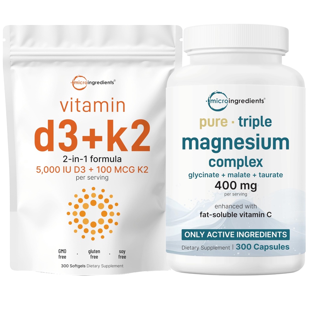 Micro Ingredientes Vitamina D3 5,000iu + K2 100mcg Softgels & Complejo de Magnesio Triple puro 400mg Capsules  2 Pack Bundle ← Esencial D & K Sunshine Vitaminas TEN Glycinate, Malate, & Taurate Forms