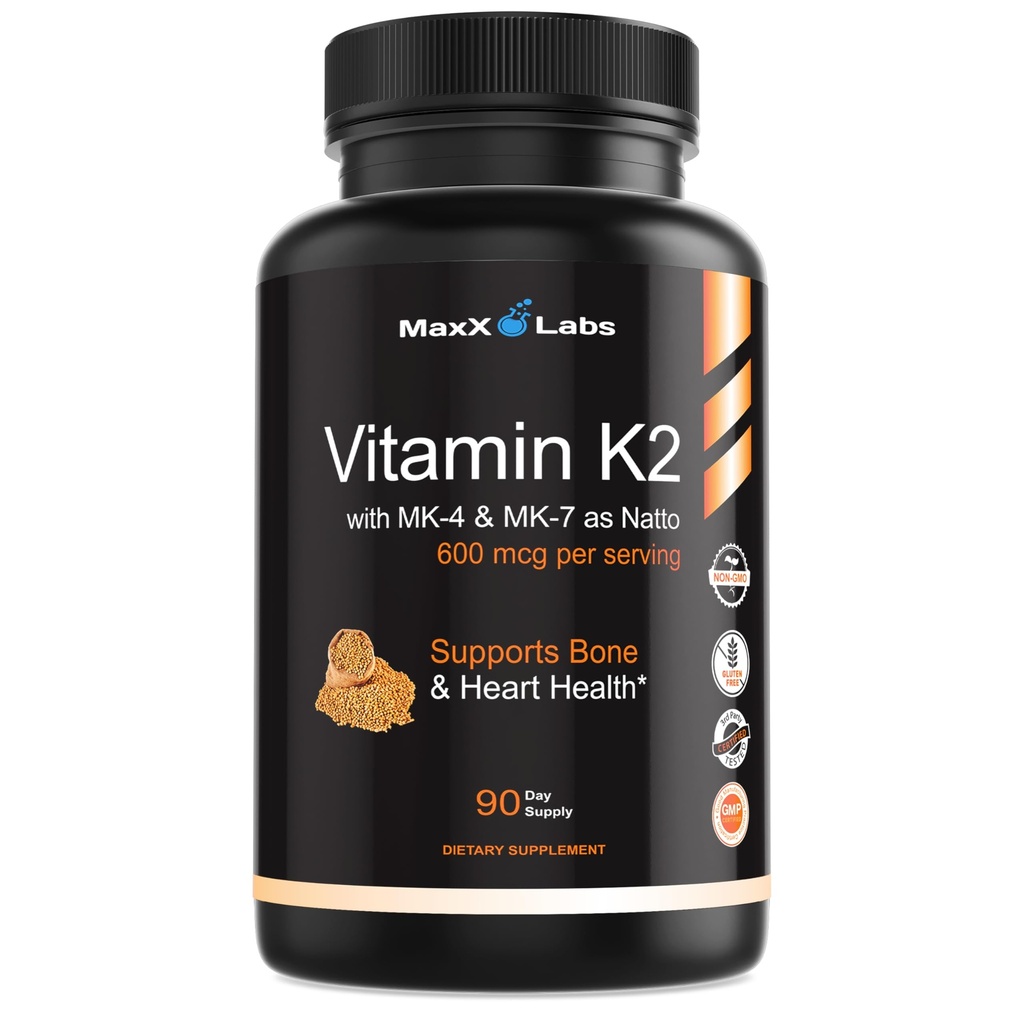 Suplemento de Vitamina K2 - Vitamina Full Spectrum K2-MK7, MK4 &amp; Vitamina D - High Strength K2 Funciona con Vitamin-D3 - Vitamina-K 600mcg - Apoya la salud ósea - 90 cápsulas