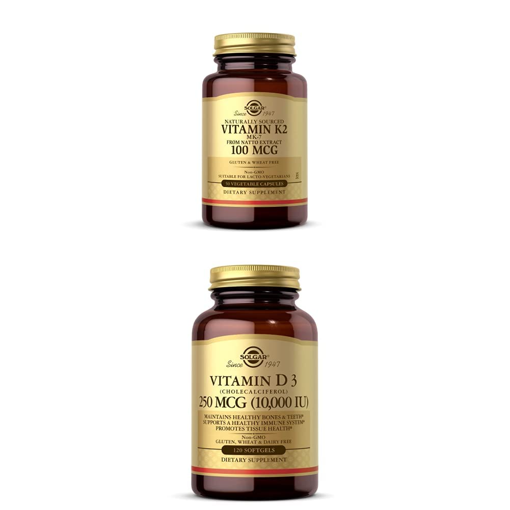 Solgar Vitamina K2 (MK-7) 100mcg, 50 cápsulas vegetales - Apoyo a la salud ósea Vitamina D3 (Cholecalciferol) 250 MCG (10.000 UI), 120 Softgels - Apoyo al sistema inmunológico