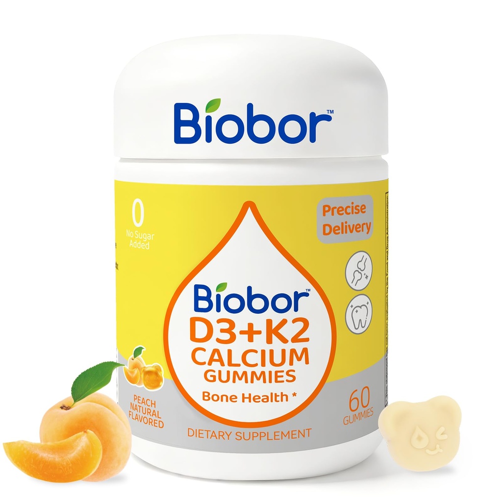 Biobor Vitamina D3 K2 Gummies con Calcio, 2000 UI D3 &amp; 200 mcg K2(MK-7) & 200 mg Calcio, No Sugar Añadido, soporta los huesos saludables &amp; Immune Health, Gluten Free, GMO Free, Yellow Peach, 60 Condes